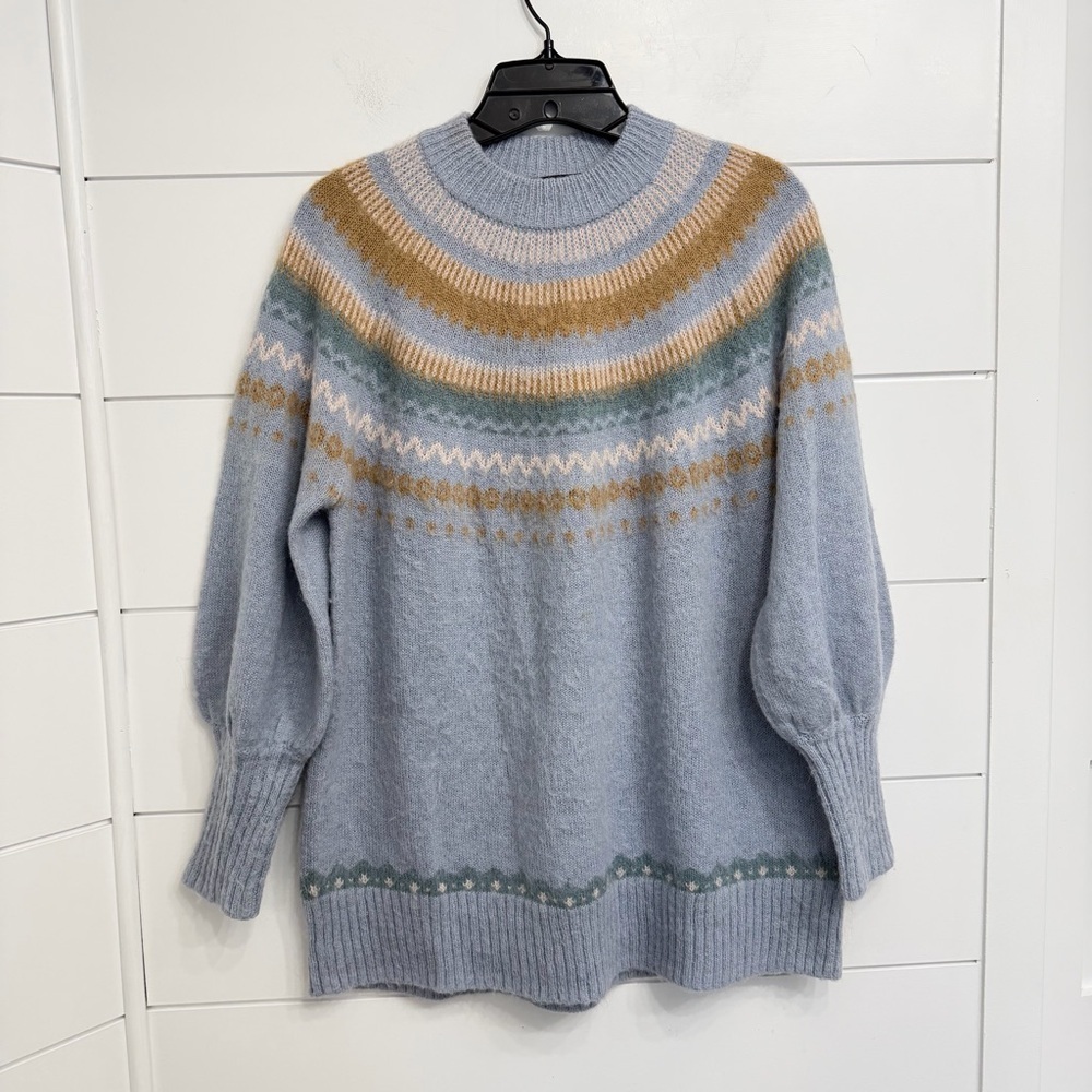 J. Crew fair isle yoke puff sleeve sweater blue 23891 - Picture 3 of 10